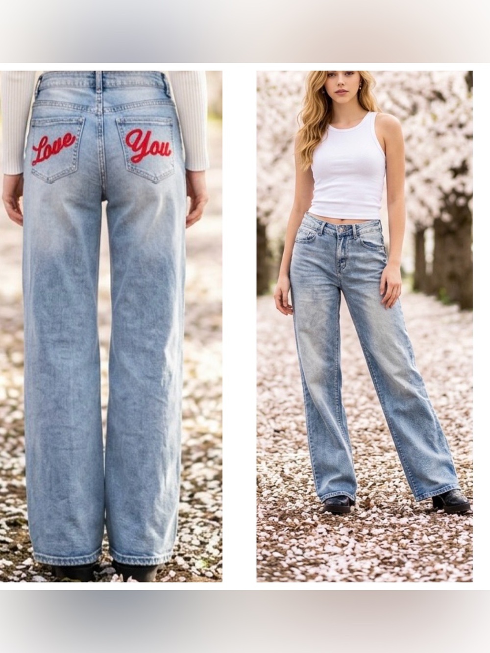 Wave Jeans Womens Sz 9/10 Wide Leg High Rise light wash Red Applique design